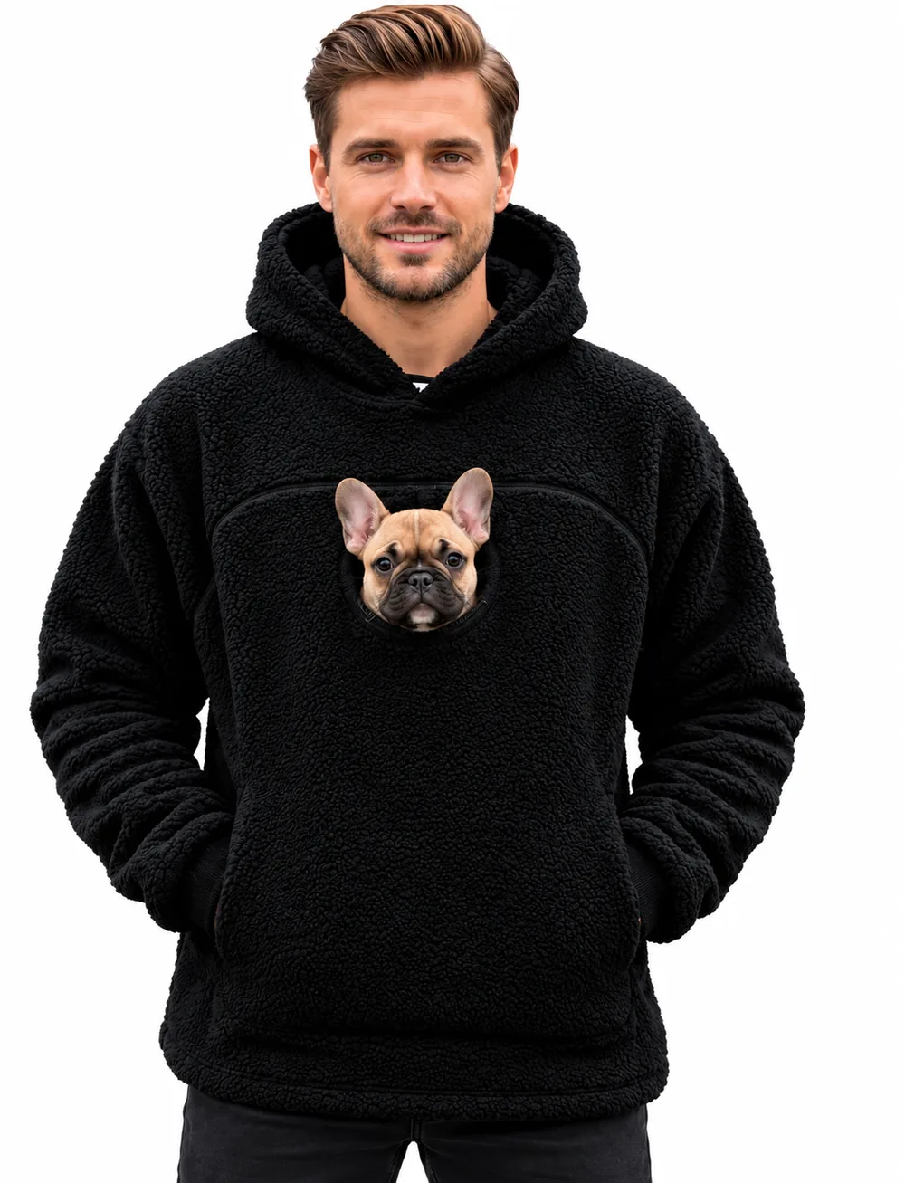 Sweat CuddleCarry coloris Noir, petit chien dans la poche avant