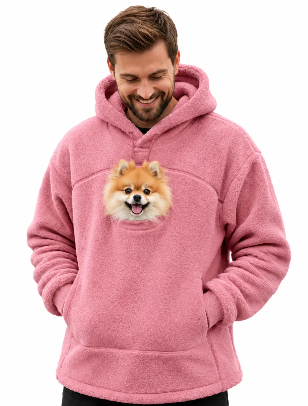 Sweat CuddleCarry rose avec un spitz nain dans la poche