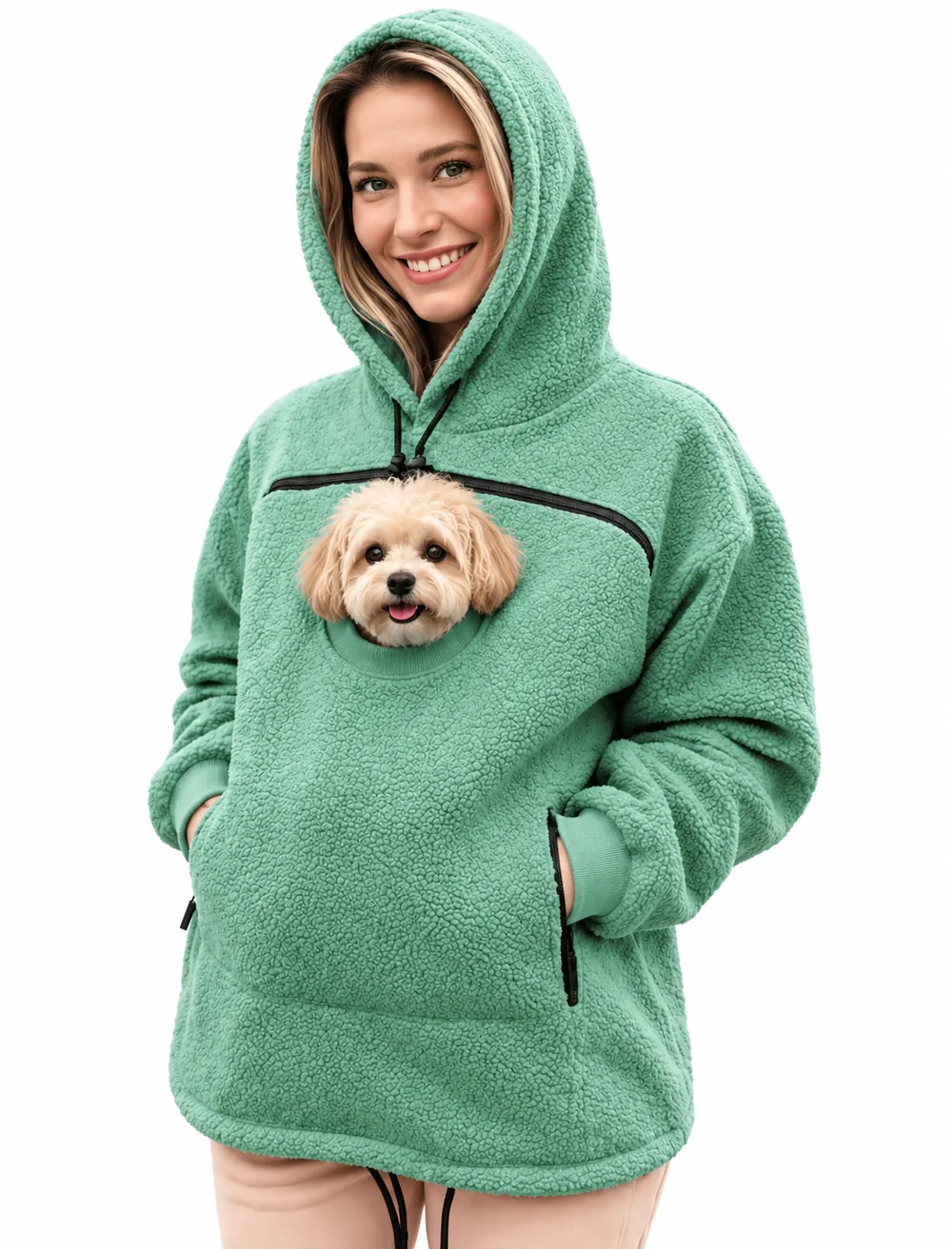 Sweat CuddleCarry vert avec un bichon dans la poche
